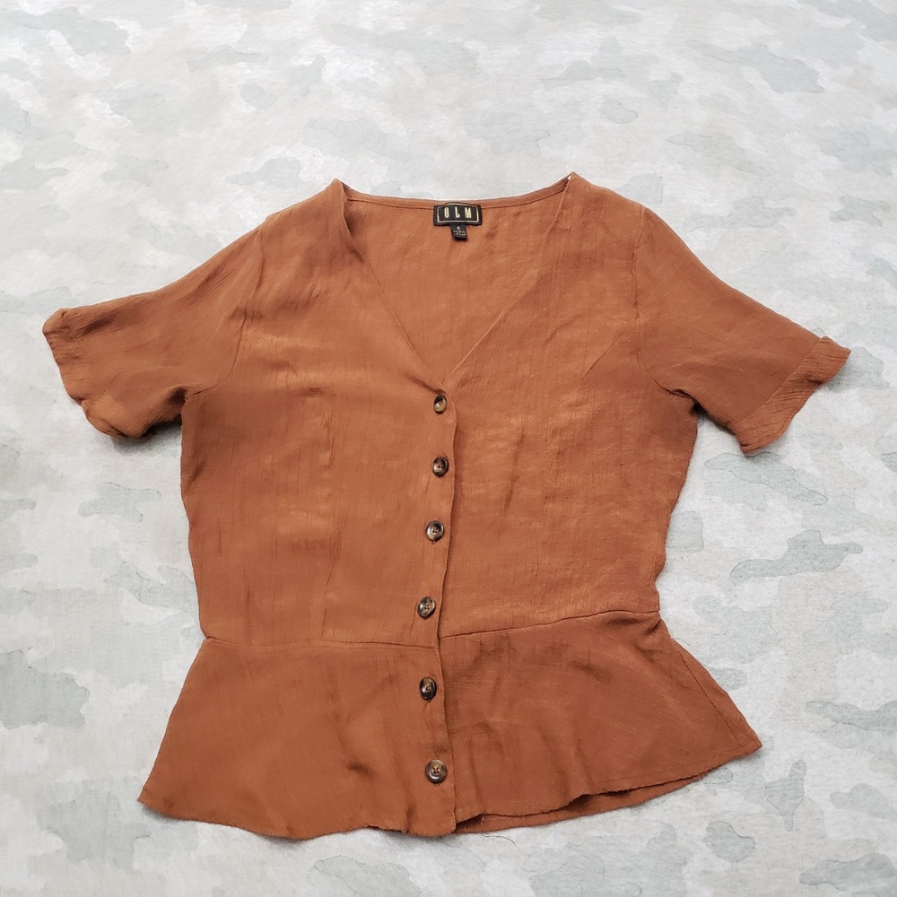 OLM Peplum Top Womens Small Rust Orange Button Front V-Neck Short Sleeve Boho